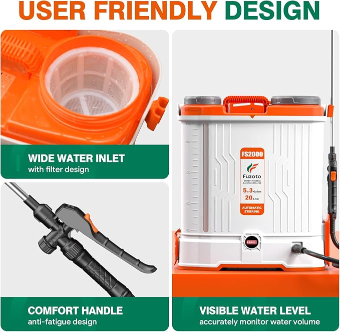 Battery Powered Backpack Sprayer 5.3 Gallon for Lawn, Garden, Yard | Built-in Mixing System,5.3GAL,45-90PSI Adjustable Pressure,6 Hours Long Battery Life,6 Spray Nozzles,39" Telescopic Wand