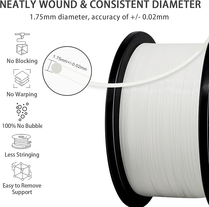 YOUSU 5KG(11lbs) PLA Plus Filament 1.75mm White, PLA+ Filament 1.75mm 3D Printer Filament, Cost Effective Large Roll 3D Printing Filament for Big Projects