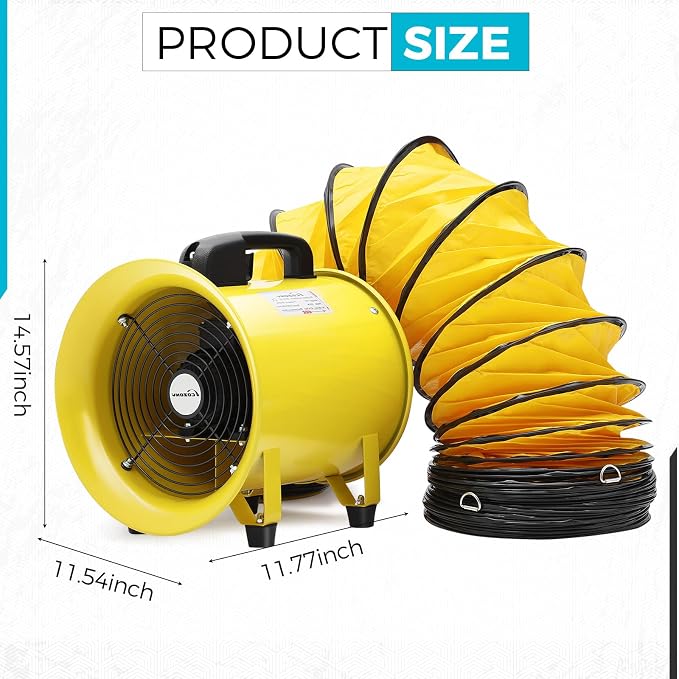 8 Inch Utility Blower Fan | 3300 RPM High Speed, Heavy Duty, IP44 Waterproof Extractor, 33 ft PVC Duct Hose, Industrial Portable Exhaust Ventilation