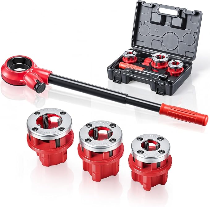 VEVOR Ratchet Pipe Threader Kit with 3 Dies, 1/2" BSPT, 3/4" BSPT, 1" BSPT Manual Ratcheting Pipe Threading Tool, Portable Pipes Threader Set with Toolbox for Plumbing Installation & Repair