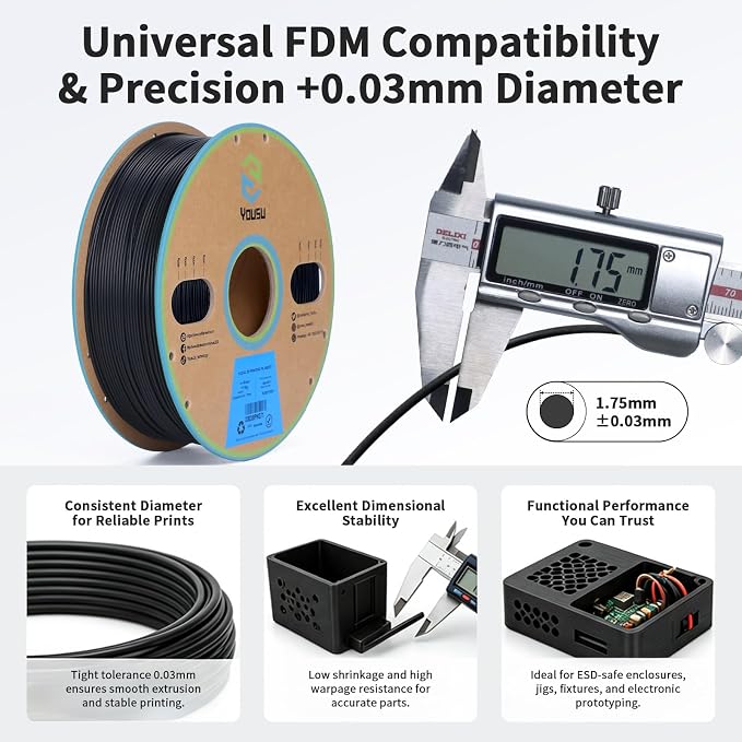 YOUSU Conductive PLA Filament 1.75mm(±0.03mm)1kg Black, ESD Electrically Conductive 3D Printing Material Compatible with FDM Printers 3D Pens for Sensor Functional Prototype