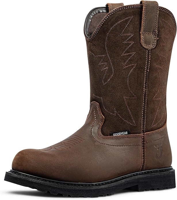 J‘s.o.l.e Men's Cowboy Work Boots Leather Goodyear Welt Non-Slip Rubber Outsole Round Toe Pull-On Brown – Steel Toe & Soft Toe Options