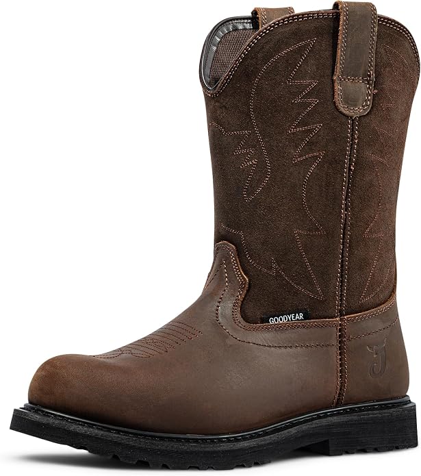 J‘s.o.l.e Men's Cowboy Work Boots Leather Goodyear Welt Non-Slip Rubber Outsole Round Toe Pull-On Brown – Steel Toe & Soft Toe Options