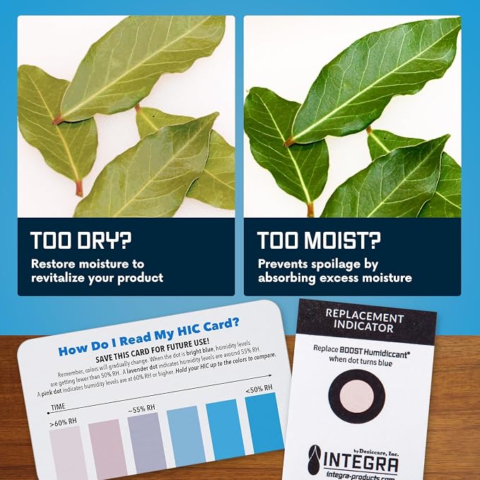 Integra Boost 62% RH, 2 Way Humidity Control Packs – 8g Size for Storing Up to 1oz – Pack of 20 Moisture Absorbers for Small Jars & Containers – Humidifier Packets for Herbs & Spices in Resealable Bag
