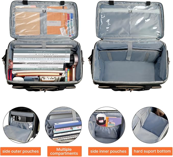 ORKELS Rolling Teacher Bag with Removable Trolley, Wheeled Teacher Tote for 17.3 Inch Laptop, Large Rolling Work Bag with Organized Storage for Books, Files, Lesson Plans & Classroom Supplies, Black