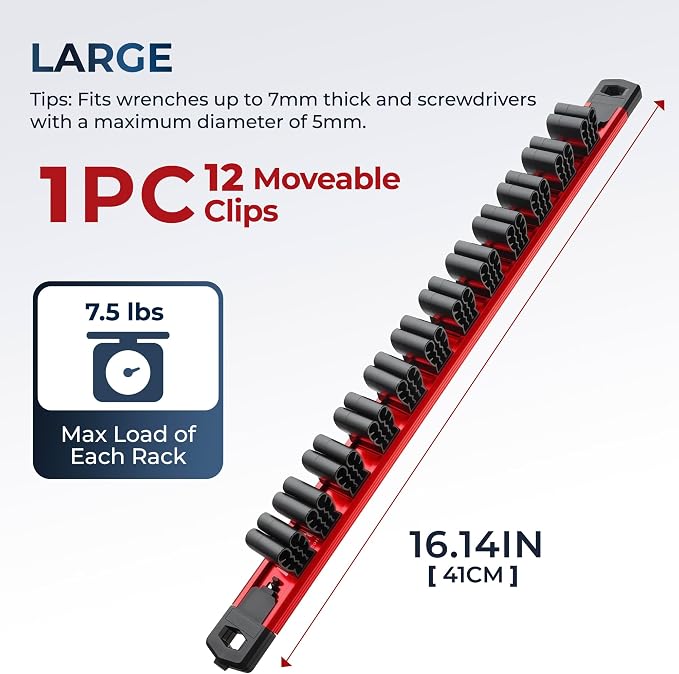 Reniteco Magnetic Screwdriver Organizer and Magnetic Wrench Organizer, Aluminum Rail Tool Holder, 12 Removable Clips, Fits Screwdrivers, Wrenches & Hand Tools, Dual Mount, Tools Not Included