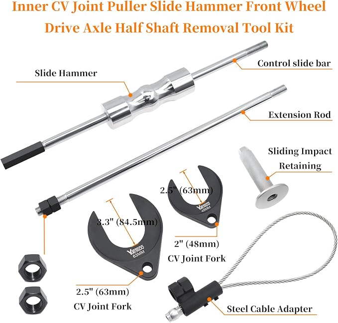 9 PCS Inner CV Axle Removal Tool, Heavy Duty Slide Hammer Puller Set, 63mm 48mm CV Joint Fork, Steel Cable Adapter, Extension Rod, Front Wheel Drive Axle Half Shaft Removal Tool Kit