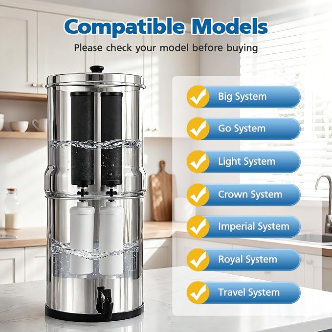 Water Filter Replacement Compatible with Ber-key ® B B 9-2 Gravity Water Filter System, Coconut Shell Activated Carbon for 250+ Contaminants, 4 Black Carbon Filters + 2 White Fluoride Filters