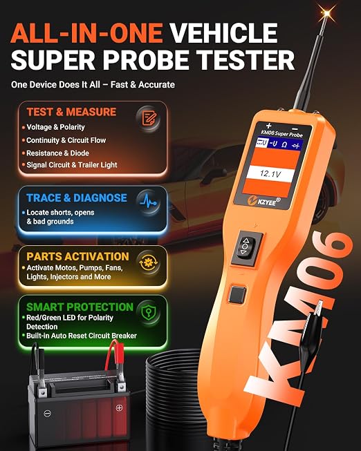 KZYEE KM06 Automotive Power Circuit Probe Tester 8-35V, All-in-One Electrical Diagnostic Tool with Component Activation, Short Circuit Finder, Wire Tracer & Trailer Light Tester for Cars, Trucks & RVs