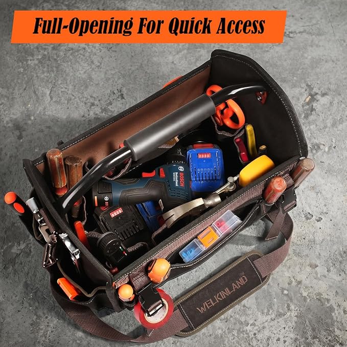 WELKINLAND 16'' Hard-Bottom Tool Tote, 32-Pocket Electrician Tool Bag, Waxed-Canvas HVAC Bag, Stay-Up Open Top Tools Tote, Quick-Access Totes For Electrician, Heavy-Duty Tools Bags For Men