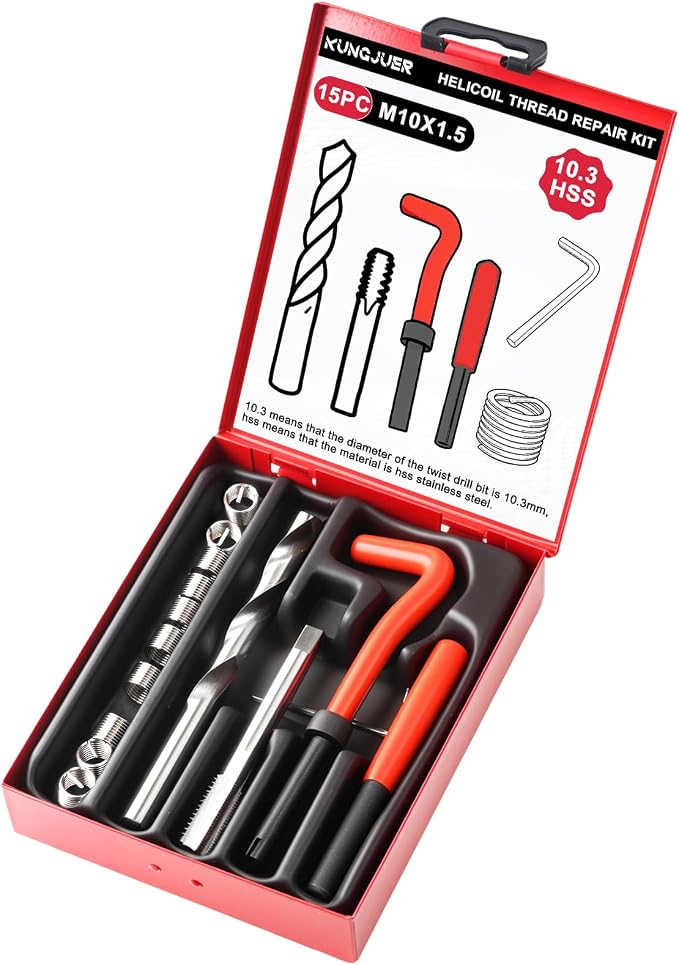 Helicoil Metric Thread Repair Insert Kit, M10x1.5mm Rethreading | Thread Repair kit with HSS Drill Bits, Rethreading Inserts Tool Set for Damaged Thread Repairing with Carry Case