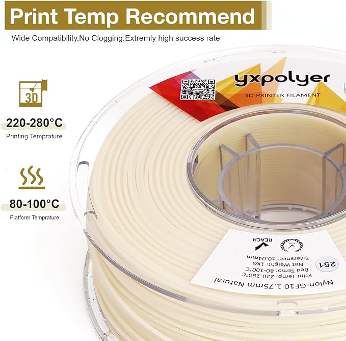 Nylon Glass Filled Filament Nylon Glass Fiber 3D Printer Filament PA6-GF Dyable Nautre White, with AMS-Compatible Reusable PC Spool (PA6-GF White)