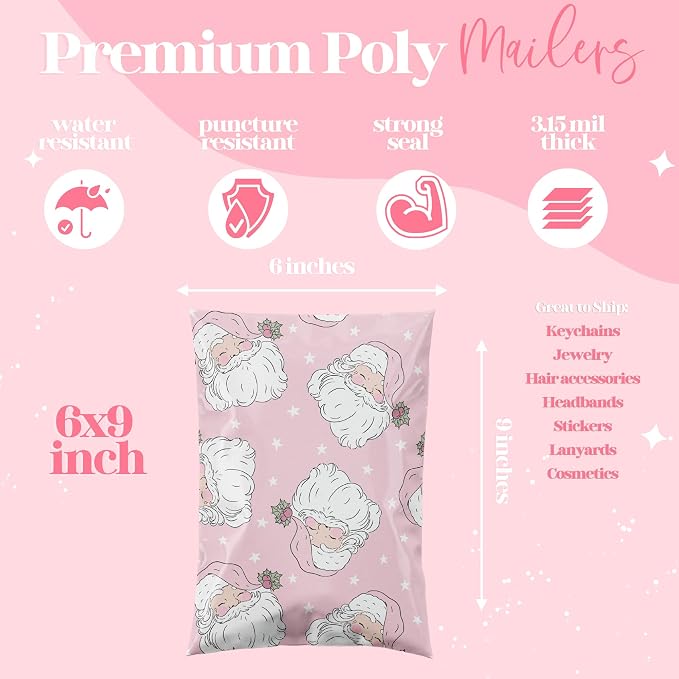 Pretty Package Store Poly Mailers 6x9, Pink Santa, 100 Pack | Heavy Duty, Waterproof, Self Seal, Tear Resistant, Shipping Bags for Small Business Packaging, Bulk Mailing Envelopes