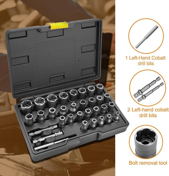 Eapele Bolt Extractor Set, Stripped Nut Remover Twist Sockets, Fit 3/8" Square Drive with Solid Storage Case (32pcs, Black)