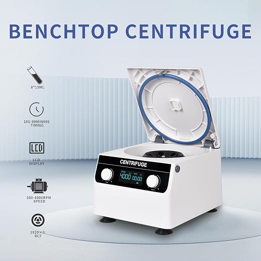 Centrifuge Machine 8x10ml/15ml Lab Benchtop Centrifuge 500-4000RPM 1920×g RCF Timing 10s-99min99s LCD Digital Desktop Centrifuge for Laboratory/University/Industry/Environmental Protection