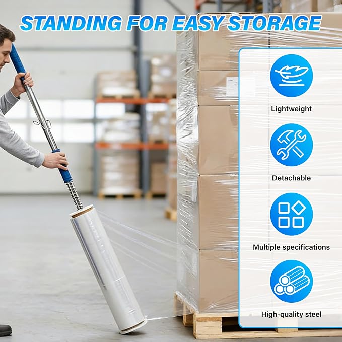Stretch Wrap Dispenser丨48 Inch Long Handle Pallet Wrap Tool丨Fits 12"-19" Film Rolls with 1.5"-3" Core丨Heavy Duty Aluminum Stretch Film Holder for Warehouse Shipping Packaging（Film Not Included）