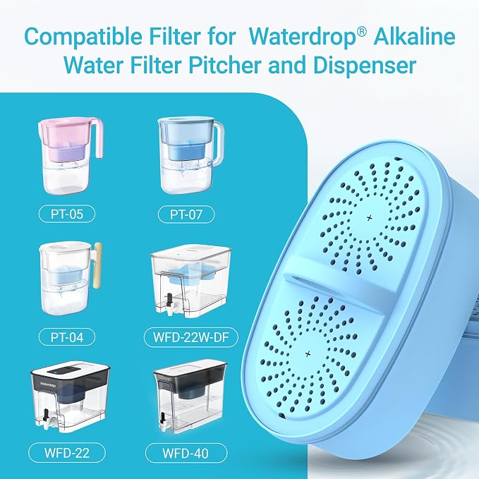 AQUA CREST PF-AL Alkaline Water Filter Replacement for Waterdrop® Pitcher and Dispenser Filtration System, Fits Waterdrop® PF-AL, Reduces PFOA/PFOS, Chlorine, Last Up to 100 Gallons, 1 Pack