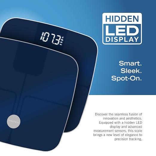 Nautica Smart Scale for Body Weight – BMI, Body Fat, Muscle Mass – 12 Metrics, Bluetooth App, ITO Technology, Hidden LED Display, 440lb Capacity – Body Tracker