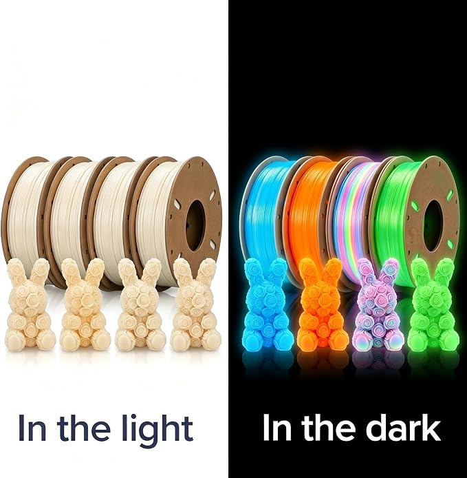 3D Printer Filament Bundle, Glow in The Dark Filament Multicolor, Green, BlueOrange ，Yellow ，Glow Rainbow, PLA Filament 1.75 mm, Dimensional Accuracy +/- 0.03 mm, 250g X 4 Pack