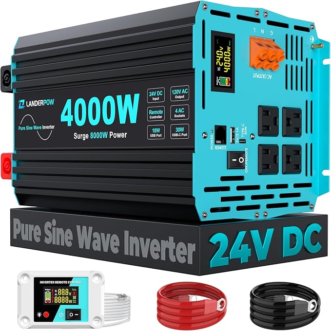 24V DC to 120V AC 4000 Watt Pure Sine Wave Inverter for RV, Truck, Solar, Home, Off-Grid, Power Inverter with 4 AC Outlet, 30W Type-C, 5V 3.1A USB, Hardwire Port, Remote Control, Surge 8000W