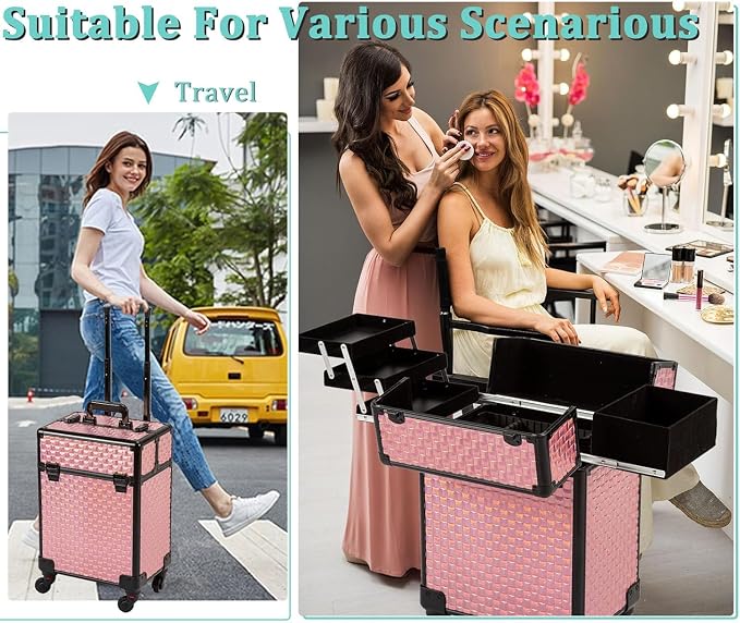 AROUS Rolling Makeup Train Case Cosmetic Travel Trolley with 4 Sliding Rail Trays, Removable Middle Layer, Key, Swivel Wheels, Aluminum Frame, Colorful, Salon Barber Traveling Cart Trunk
