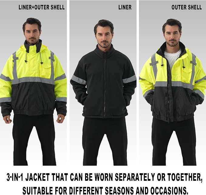 3 in 1 Safety jacket,Reflective high Visibility Hooded jacket,Hi Vis Bomber Jacket shell and fleece lining,Waterproof,ANSI Class 3 Black Bottom Lime,5XL