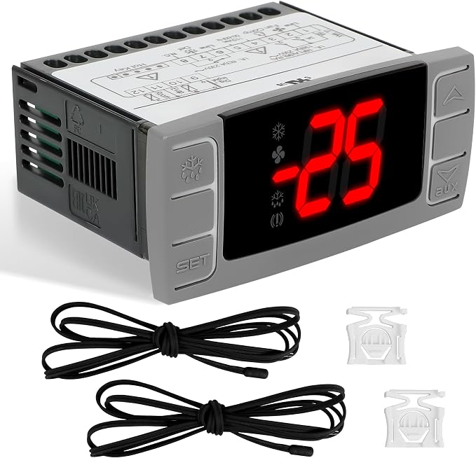 32-bit Enhanced XR06CX-4AAGILS Temperature Controller, Replaces Dixell XR06CX for 110-125V 50-60Hz Commercial Fridges/Freezers, Programmable Digital Thermostat, Voltage Protection & Reset, Red Screen