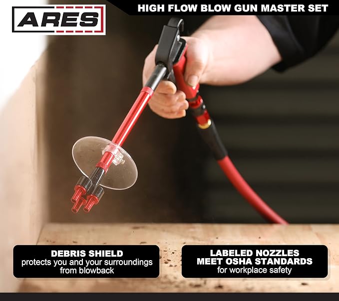 ARES 17003 – High Flow Air Blow Gun Master Set – Heavy Duty Aluminum Die Cast Body – Includes 3 Nozzles, 6-Inch Extension, Debris Shield, and Standard Thread Adapter - Meets OSHA Standards