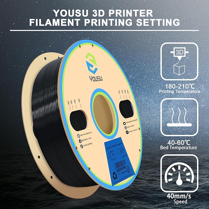 YOUSU Black PVB Filament 1.75 mm for 3D Printer & 3D Pen 1 kg (2.2 lbs), Print As Easy as PLA Filament, can be Polished with Alcohol to get Smooth Surface.