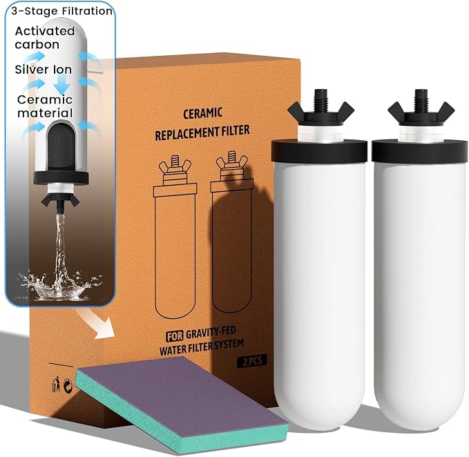 7" Ceramic Water Filter Replacement, Suitable Gravity Water systems | 3-Stage Certified NSF/ANSI 42&372 Replacement Filter, Washable & Reusable, Reduces Contaminant, Improve Taste & Odor, 2 Pack