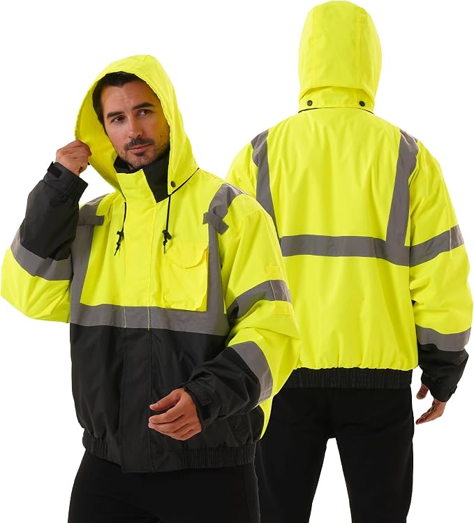 3 in 1 Safety jacket,Reflective high Visibility Hooded jacket,Hi Vis Bomber Jacket shell and fleece lining,Waterproof,ANSI Class 3 Black Bottom Lime,3XL