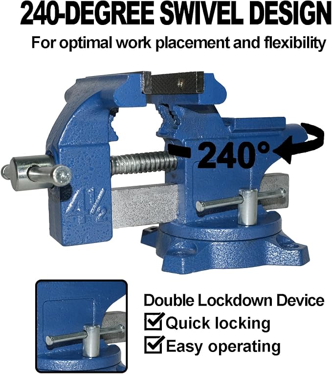 Bench Vise 4.5 Inch Jaw Width 3.3 Inch Jaw Opening Home Vise - Secure Grip with 240° Swivel Base Home Vise Rotation Base - Assembled with a Combination of Heavy Duty Cast Iron and Steel - Blue