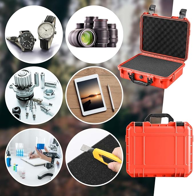 Relaxweex 1 Pcs Waterproof Hard Case with DIY Customizable Foam Insert Portable Protective Case with Knife for Camera Drones Equipments Tools Test Instruments(Reddish Orange,8.5 x 6.5 x 3.7 Inch)