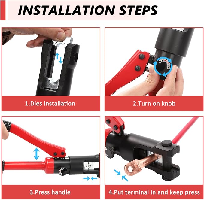Hydraulic Crimping Tool, 60KN Heavy-Duty Battery Cable Crimper Tool with 9 Hex Crimp Dies, Heat-Treated Alloy Steel, Ergonomic Anti-Slip Handle for Industrial Electricity, Communication, Metallurgy