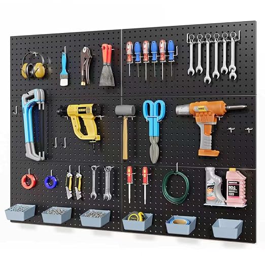 Metal Peg Board 6Pcs, 48"x36" Pegboard Wall Organizer with 140Pcs 1/4" Pegboard Hooks & Accessories, Steel Pegboard Tool Storage System for Garage Workshop Shed, Black