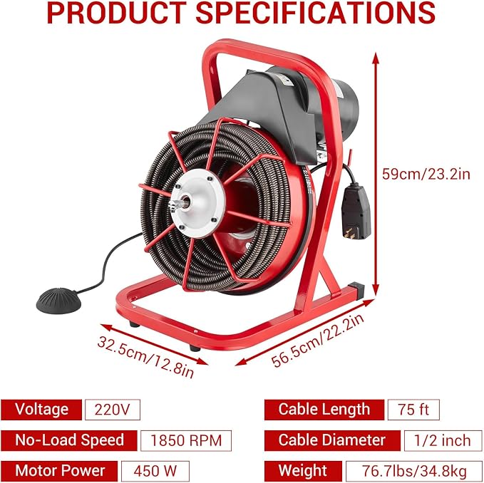 Electric Drain Cleaner Machine 75Ft x 1/2 Inch, 400w Heavy Duty Drain Snake with 6 Cutters & Foot Switch, Sewer Auger for Clog Removal in Sinks, Toilets, Bathtubs, Showers, Pipe Cleaning
