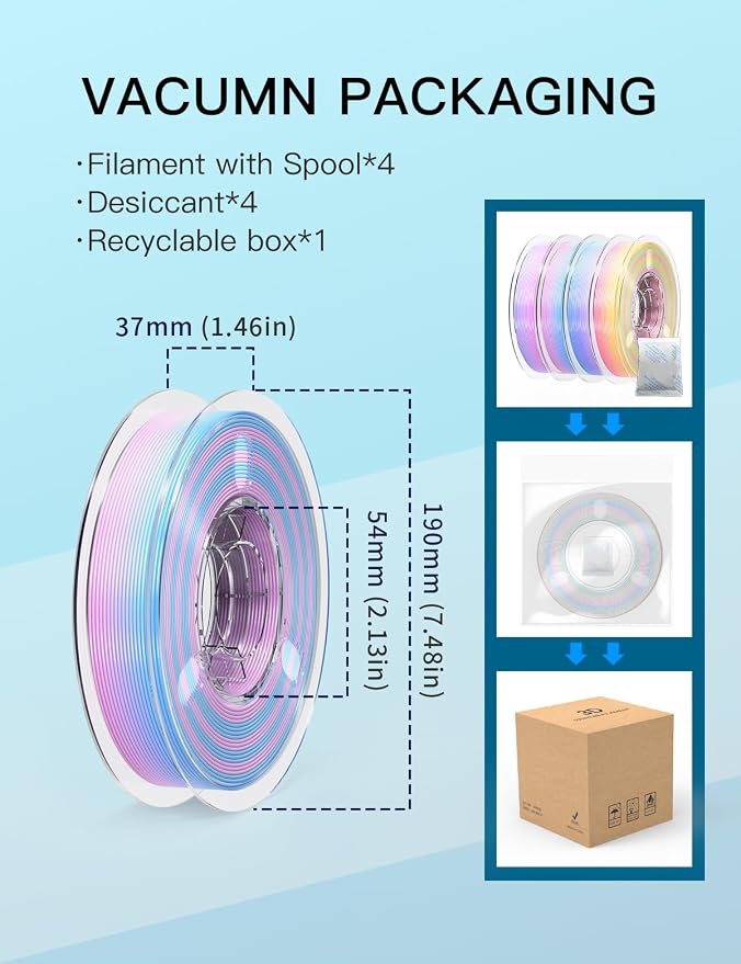 PINBALL 500gx4 Silk Rainbow PLA 3D Printer Filament 1.75mm, Shiny Multi-Color Changing Filament 3D Printing Filament Dimensional Accuracy +/- 0.02mm, 500g*4 Spools