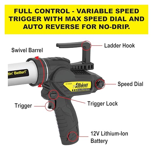 Albion Engineering E12S20 B-Line Cordless Sausage Caulking Gun, No Drip, 12V, 20 oz