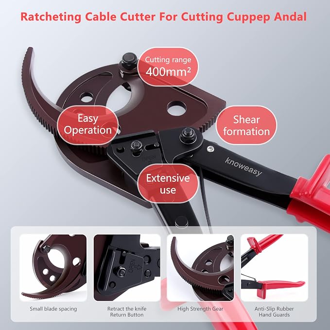 Knoweasy Cable Cutter and Ratchet Wire Cutter - Cuts Through Aluminum and Multi-Core Cables up to 400mm² with Precision and Ease, Ideal for Electrical Installations