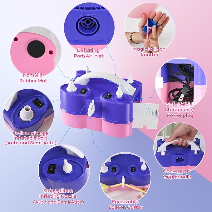 3-in-1 Electric Balloon Pump with Red Blue Green Balloon Arch, 3-in-1 Electric Balloon Pump, Portable Electric Air Pump for All Balloons Inflatables Dual Nozzle Balloon Blower Machine