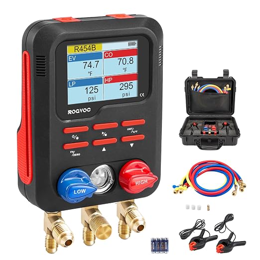 Digital Manifold Gauge, HVAC Refrigerants Digital AC Gauges Set with 2 Thermometer Clamps and 3 Hoses, for R22/R410A/R134A/1234YF Refrigerant Recharge Kit, Black