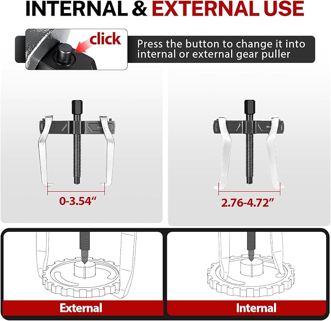 BILITOOLS 3" 2 Jaw Gear Puller, Small Bearing & Pulley Removal Tool, Internal External Reversible for Flywheel, Pulleys & Gears Wiper Arms