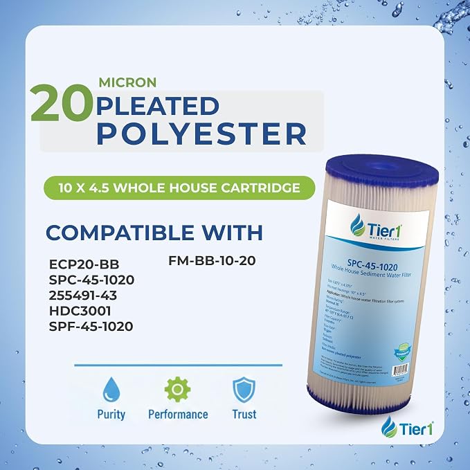 Tier1 20 Micron 10 Inch x 4.5 Inch | 4-Pack Pleated Whole House Sediment Water Filter Replacement Cartridge | Compatible with Pentek ECP20-BB, Hydronix SPC-45-1020, 255491-43, Home Water Filter