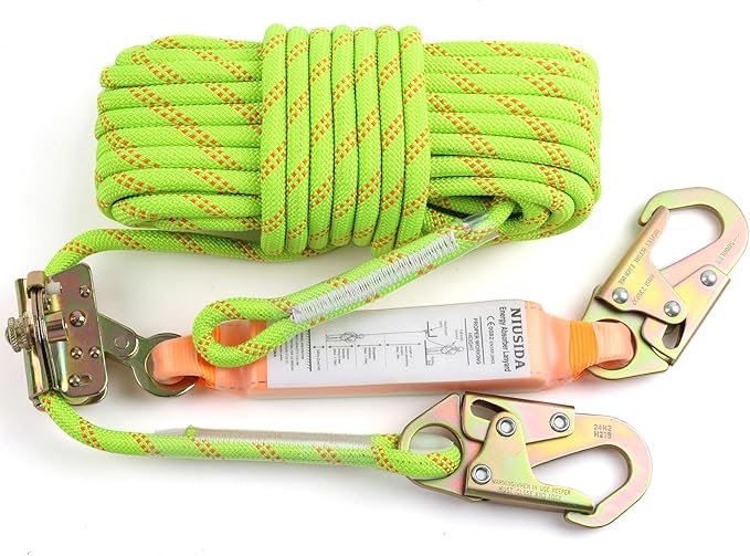 Rope Harness Safety Lanyard 25FT Fall Protection Vertical Roofing Rope | 25FT Anti-fall Safety Rope with Grab Snap Hooks, Shock Absorber, Heavy Duty Vertical Roofing Rope, Tree Climbing Line Kit