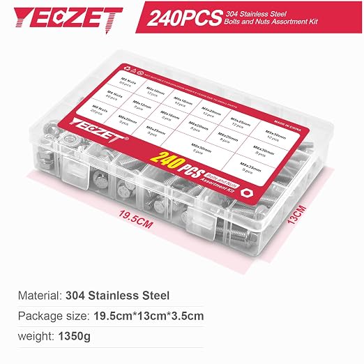 240PCS M5 M6 M8 Flanged Bolts and Nuts Kit,Stainless Steel 304 Metric Flanged Hex Screws Nuts Includes 14 Most Common Sizes