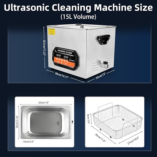 Ultrasonic Cleaner 15L 360W Digital Ultrasonic Cleaning Machine with Upgraded Degassing & Gentle Mode, 40kHz, with Heater & Timer for Tools, Jewelry, Watches, Glasses, Dentures, Small Parts