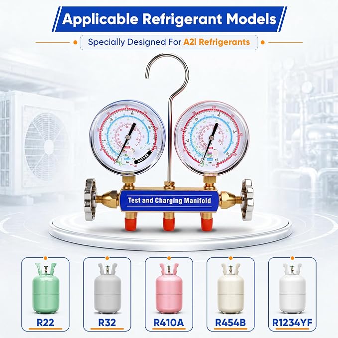 42036 2-Valve HVAC Manifold Gauge Set for A2L Refrigerants R22/R32/R454B/R410A, Refrigerant Gauges 42036 with 3-1/8" Gauges, 60" Plus II Color Hoses