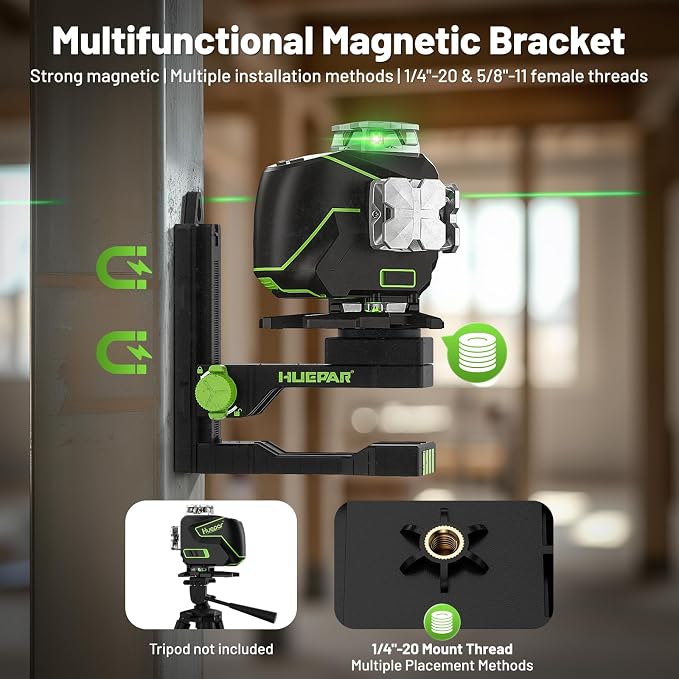 Huepar Laser Level 360 Self Leveling, S04CG 4x360° Green 4D Cross Line Laser with LCD Screen with Receiver -Pulse Mode, Bluetooth, Remote Control, Rechargeable 16 Lines Laser Tool for Construction