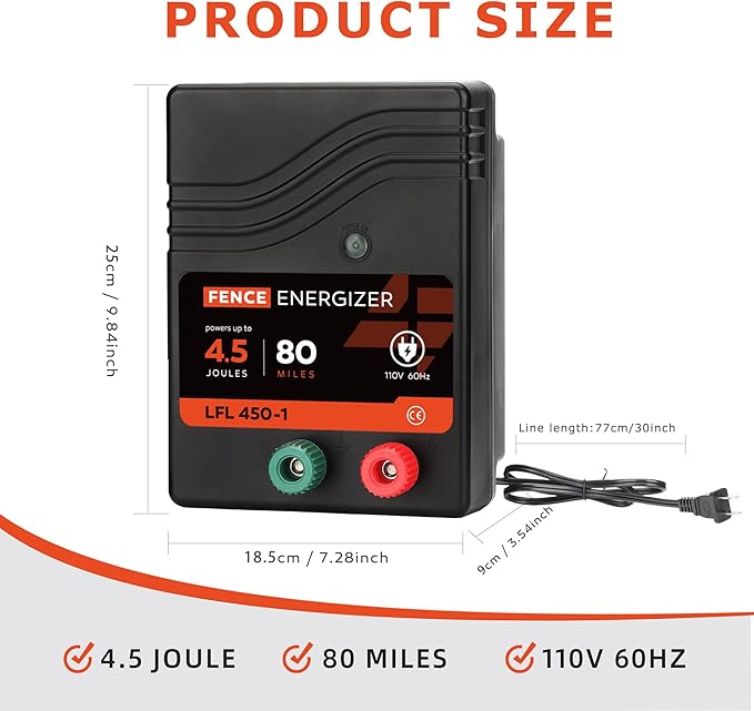 Electric Fence Charger AC Powered 80 Miles 250 Acres, 110 Volt 4.5 Joule Plug-in Electric Fence Energizer, Output Voltage Max 10 kV for Livestock, Preventing Predators from Intruding