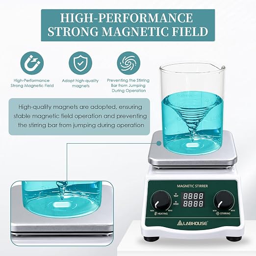 LHS-2S Digital Magnetic Stirrer Hot Plate, 100°C, 700-2600RPM, 2L | Max. settable temp 100°C/ 212℉, non-removable probe, Heated mixer lab stirring, PTFE stir bar, bar recycler, support stand